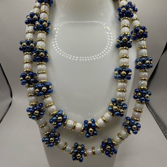 Jewelry - Beaded White Blue Gold Necklace Approximately 20 plus inches long Beautiful Look